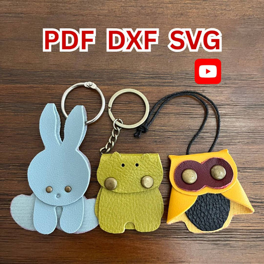 Set of three DIY leather animal keychains featuring a bunny hippo and owl handmade from scraps.