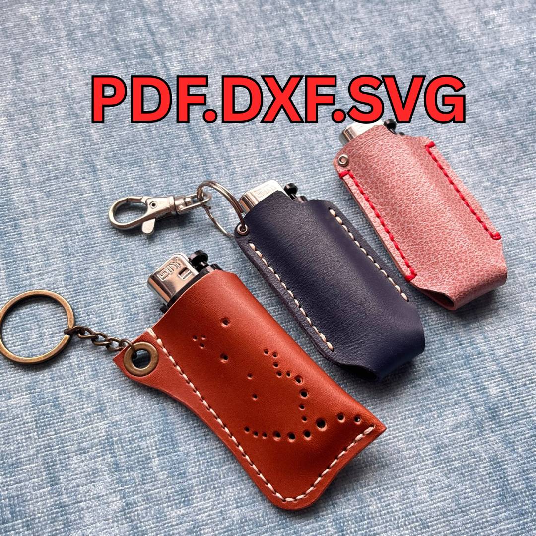 Three DIY leather lighter cases keychains with lighters on a textured surface.