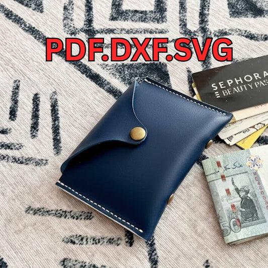Handcrafted blue leather minimalist wallet featuring a unique curved flap design, perfect for beginners using PDF or SVG patterns.