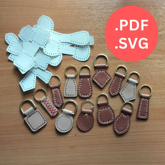 Assorted finished leather key fobs and bag strap connectors in various brown and tan shades, displayed alongside a pile of white paper templates and a large red .PDF and .SVG graphic. A comprehensive bundle of leathercraft patterns for DIY makers and professional leatherworkers.