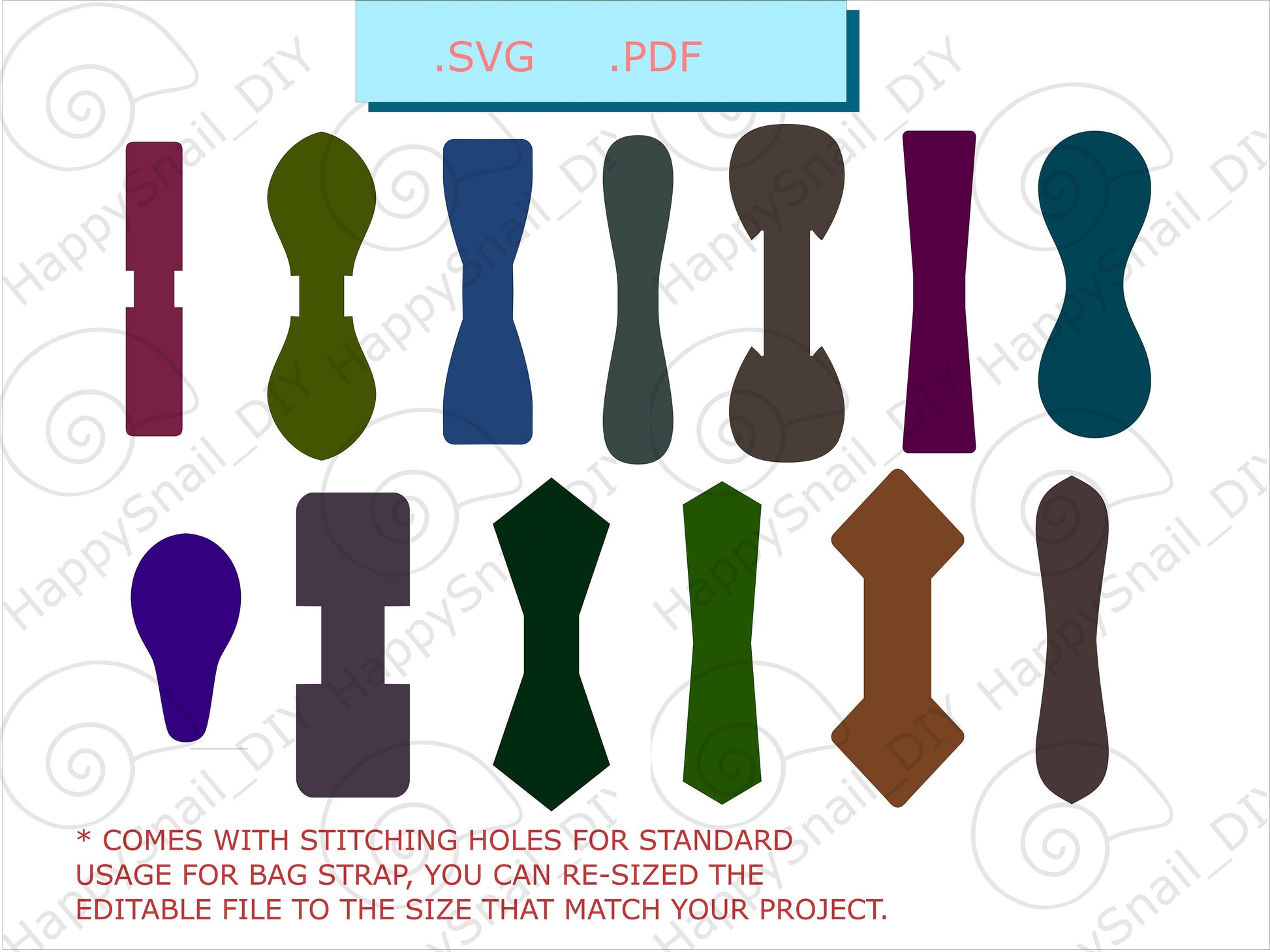 Digital SVG and PDF leather patterns featuring 13 unique shapes for bag strap connectors and key fobs. Includes resizable vector files with pre-marked stitching holes for easy DIY leatherworking and Cricut projects