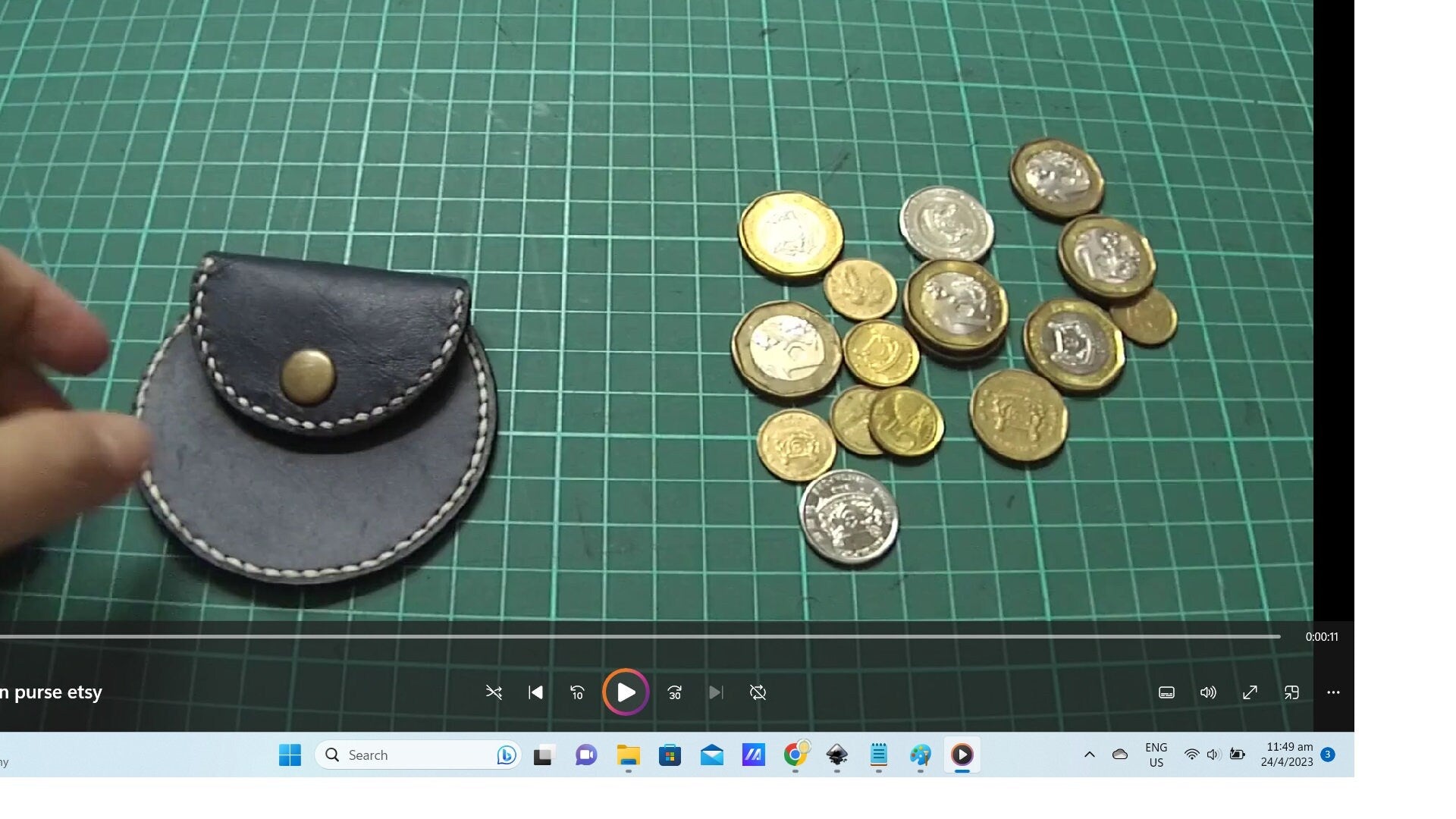 Digital blueprint of a circle leather purse with assembly