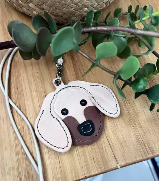 Handcrafted Golden Retriever bag charm in classic golden brown premium leather with floppy ears.