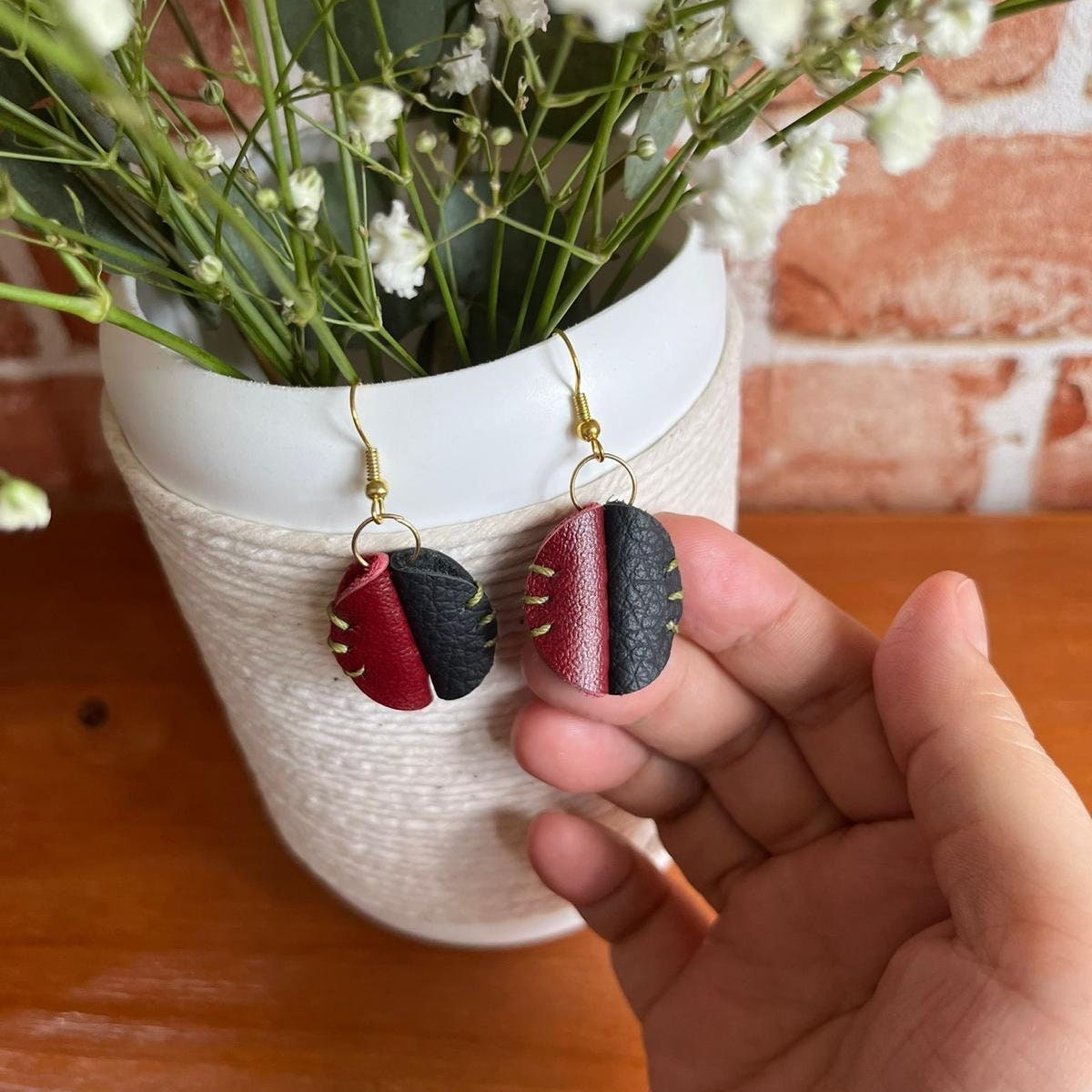 Leather earrings, Whiskers Earrings, handmade earrings, Red Black leather earrings, Brass Dangle Earrings, Cat earrings, cute earrings