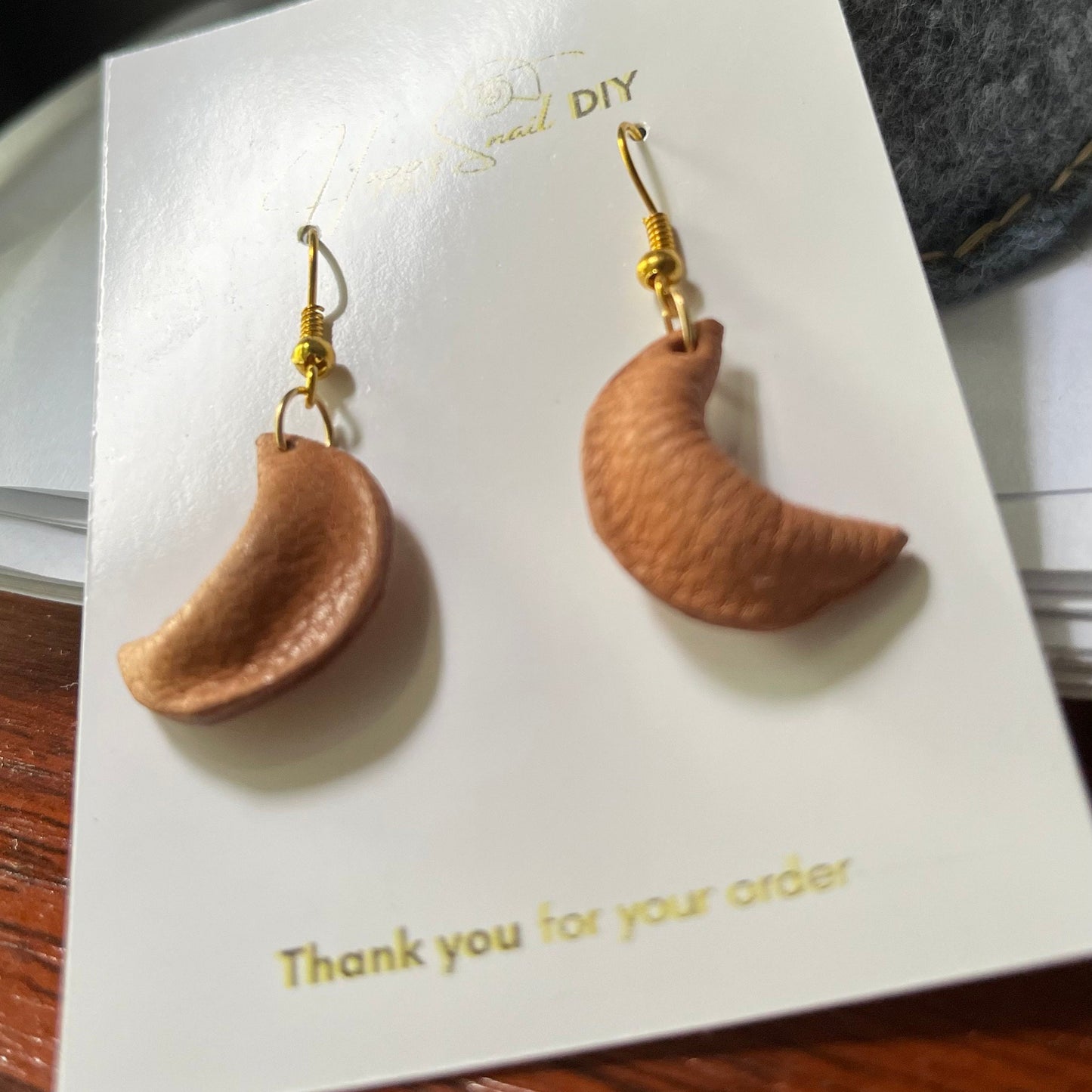 Moon earrings, fortune cookie earrings, cute leather earrings, Earrings for her, Leather earrings, handmade earrings, Brass Dangle Earrings