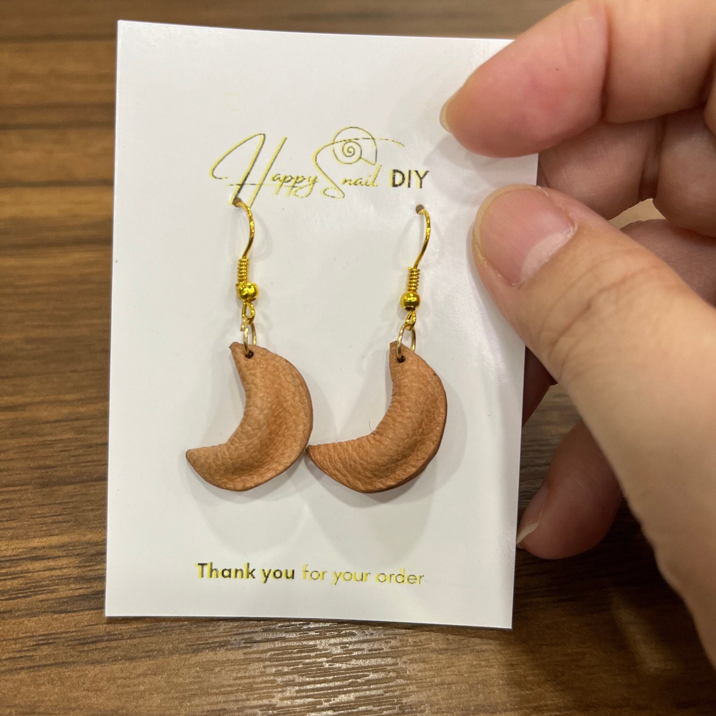 Moon earrings, fortune cookie earrings, cute leather earrings, Earrings for her, Leather earrings, handmade earrings, Brass Dangle Earrings