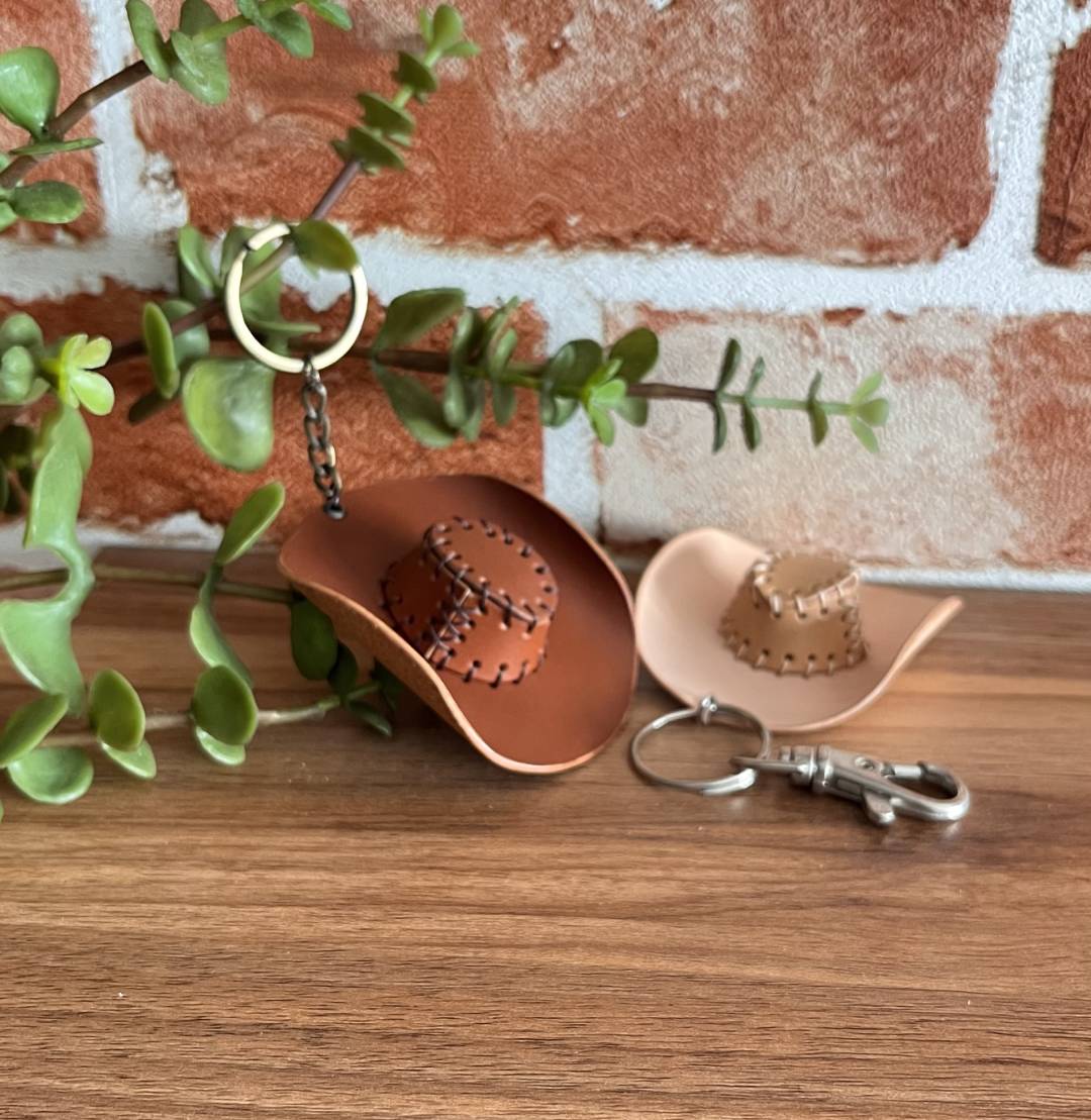 DIY leathercraft project showing 7cm wide cowboy hat charm