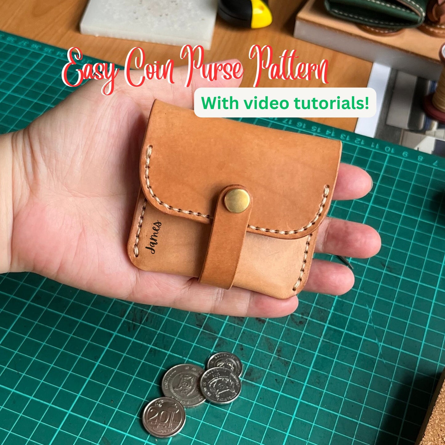 Minimalist leather purse PDF template showing all printable pattern pieces.