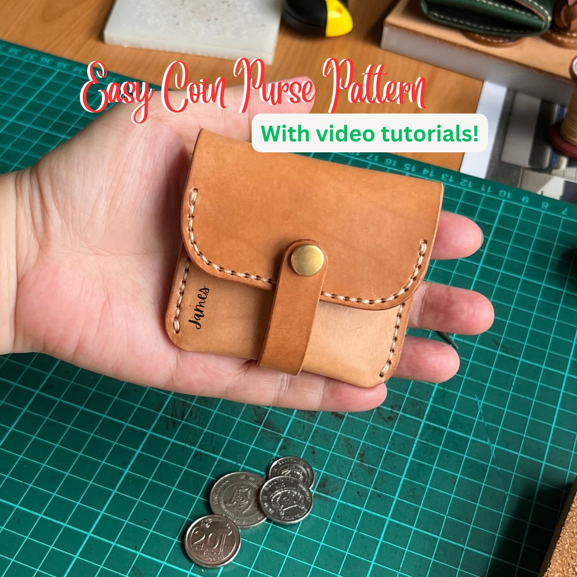 Minimalist leather purse PDF template showing all printable pattern pieces.